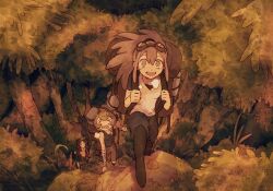  +_+ 3girls :d backpack bag black_hair black_tank_top brown_hair capri_pants climbing dangoiz excited exhausted forest goggles goggles_on_head highres hiking multiple_girls nature orange_eyes original outdoors pants pink_hair short_sleeves shorts smile tank_top tree 