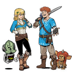  1boy 1girl black_gloves black_pants blonde_hair blue_eyes blue_shirt blush bokoblin bokoblin_(cosplay) boots brown_boots character_request closed_eyes commission cosplay creature crossover fake_pointy_ears fantastic_four fingerless_gloves gloves h.e.r.b.i.e. hand_on_own_hip highres holding holding_sword holding_weapon korok korok_(cosplay) link link_(cosplay) long_hair marvel master_sword pants princess_zelda princess_zelda_(cosplay) red_hair richard_parker_(ultimate_spider_man_2024) robot second-party_source shirt simple_background spider-man_(series) sword tenshiartsgt the_legend_of_zelda the_legend_of_zelda:_breath_of_the_wild ultimate_spider-man_(2024) valeria_richards weapon white_background 