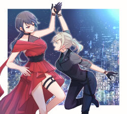  2girls alternate_color arm_up black_gloves black_pants blue_background blue_eyes border ceras_yanagida_lilienfeld ceras_yanagida_lilienfeld_(cosplay) collared_shirt commentary_request cosplay costume_switch dress edel_note eye_contact gloves grey_hair grey_shirt half_gloves haz high-low_dress jellyfish_cut katsuragi_izumi katsuragi_izumi_(cosplay) long_hair looking_at_another love_live! love_live!_hasu_no_sora_jogakuin_school_idol_club multiple_girls open_mouth orange_eyes outside_border pants pinstripe_jacket pinstripe_pants pinstripe_pattern ponytail profile red_dress reijou_mob!_(love_live!) shirt short_sleeves sleeveless sleeveless_dress sleeveless_jacket smile virtual_youtuber white_border 