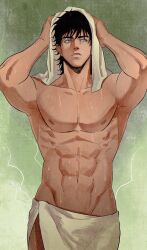  1boy abs absolute_batman absolute_dc arms_up black_hair blue_eyes breasts commentary_request dc_comics dick_grayson dick_grayson_(absolute_dc) highres holding holding_towel large_breasts large_pectorals male_focus muscular muscular_male naked_towel pectorals smallstarrrr solo topless_male towel 