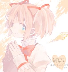 1girl bad_drawr_id bad_id blue_eyes blush bow bowtie closed_mouth detached_wings hair_ribbon heart kaname_madoka looking_at_viewer mahou_shoujo_madoka_magica mahou_shoujo_madoka_magica_(anime) mitakihara_school_uniform oekaki ogi_(sham00) own_hands_together pink_hair profile puffy_short_sleeves puffy_sleeves red_bow red_bowtie ribbon school_uniform shirt short_hair short_sleeves short_twintails smile solo steepled_fingers translation_request twintails upper_body white_background white_shirt wings