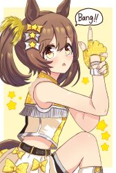  1girl absurdres animal_ears belt black_belt blush bow breasts brown_eyes brown_hair finger_gun fingerless_gloves gloves hair_bow half-skirt highres horse_ears horse_girl horse_tail jacket looking_at_viewer mgr3na2sup_6 midriff official_alternate_costume open_mouth shorts shorts_under_skirt skirt sleeveless sleeveless_jacket small_breasts smart_falcon_(twilight_triumph)_(umamusume) smart_falcon_(umamusume) solo speech_bubble star_(symbol) tail twintails umamusume vest white_skirt yellow_bow yellow_gloves yellow_jacket yellow_vest 