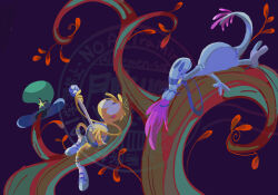  1boy 1girl :q banjo closed_eyes closed_mouth commentary_request eyelashes green_hat hat highres holding holding_instrument ikemen_san in_tree instrument leaf lying nostrils on_back orange_fur purple_background reins simple_background smile sylvia_(wander_over_yonder) tail tongue tongue_out tree unworn_hat unworn_headwear wander_(wander_over_yonder) wander_over_yonder watermark 