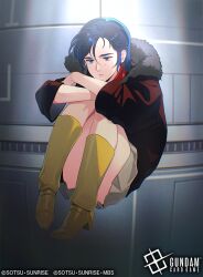  1girl blue_eyes blue_hair blurry blurry_background boots chan_agi char's_counterattack commentary_request copyright_notice earth_federation english_text fetal_position gundam gundam_card_game hallway jacket logo malo_(mlpmpmp) military_uniform official_art scene_reference science_fiction short_hair skirt spacecraft_interior sunrise_(company) title zero_gravity 