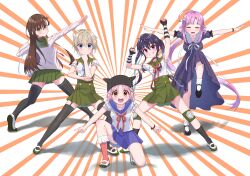  ahoge beanie bear_hair_ornament black_choker black_gloves black_thighhighs blue_eyes blue_ribbon blue_sailor_collar blue_skirt blush brown_cardigan brown_hair cardigan choker closed_eyes dress ebisuzawa_kurumi frilled_sleeves frills gakkou_gurashi! garter_straps gloves green_sailor_collar green_skirt grin hair_ornament hair_ribbon hairclip hat high-waist_skirt highres huge_ahoge knee_pads long_hair long_sleeves looking_at_viewer looking_back megurigaoka_high_school_uniform miniskirt naoki_miki neck_ribbon on_one_knee open_mouth pink_eyes pink_hair pink_socks pleated_skirt posing purple_dress purple_hair red_ribbon ribbon rokkii_(pixiv77873722) sailor_collar sakura_megumi school_uniform serafuku shirt short_hair short_sleeves skirt smile socks takeya_yuki teeth thigh-highs twintails very_long_hair violet_eyes wakasa_yuuri white_hair white_ribbon white_shirt white_socks x_hair_ornament yellow_eyes 