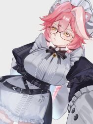  10kaa 1girl animal_ears black-framed_eyewear black_dress blush braid breasts closed_mouth commentary dress english_commentary glasses hair_intakes hair_ornament hairclip highres hololive hololive_english keyring large_breasts long_hair long_sleeves looking_to_the_side maid maid_headdress official_alternate_costume panther_ears panther_girl pink_hair pink_lips raora_panthera raora_panthera_(maid) semi-rimless_eyewear simple_background solo thigh-highs thighs twin_braids twintails under-rim_eyewear virtual_youtuber white_dress white_thighhighs yellow_eyes 