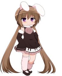  1girl alternate_costume animal_ears black_dress black_shoes brown_hair dress fake_animal_ears hands_on_own_hips kasukeomote low_twintails non-web_source pink_socks pink_trim rabbit_ears shoes sleeves_past_fingers sleeves_past_wrists socks solo tsukuyomi_ai twintails violet_eyes voiceroid white_background 