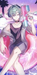  1boy absurdres aqua_hair black_choker black_shorts black_tank_top choker commentary_request genshin_impact grey_jacket highres holding holding_water_gun innertube jacket jewelry lohen_(genshin_impact) male_focus multicolored_eyes necklace pool short_hair short_sleeves shorts solo swim_ring tank_top water_gun yakousei_ookami 