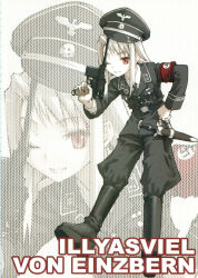  1girl adolf_hitler adolf_hitler_(cosplay) armband black_boots black_hat black_jacket black_necktie black_pants boots collared_shirt cosplay fate/stay_night fate_(series) gun hand_on_own_hip handgun hat highres holding holding_gun holding_weapon illyasviel_von_einzbern jacket jodhpurs knife konoe_ototsugu light_smile long_hair looking_at_viewer mauser_c96 military military_uniform nazi necktie one_eye_closed pants pants_tucked_in red_armband red_eyes shirt siegrunen solo ss_insignia swastika third-party_source totenkopf trigger_discipline weapon white_hair white_shirt world_war_ii zoom_layer 