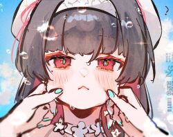  2girls :< ? aqua_nails beret black_hair blush cheek_pinching chisa_(peach_parfait)_(wuthering_waves) chisa_(wuthering_waves) closed_mouth female_pov hair_ribbon hairband hat highres lita_(ritaomochi) long_hair looking_at_viewer lynae_(peppermint)_(wuthering_waves) lynae_(wuthering_waves) multiple_girls nail_polish pinching pink_ribbon portrait pov pov_hands red_eyes ribbon solo_focus white_hairband white_hat wuthering_waves 