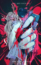  1girl 2others armor black_hair blonde_hair blue_skin cape colored_skin commentary deltarune english_commentary english_text highres holding holding_mini_person kris_(dark_world)_(deltarune) kris_(deltarune) long_hair mini_person minigirl multiple_others noelle_holiday noelle_holiday_(dark_world) pink_cape red_eyes robe summerdeltarune utdr_(toby_fox) very_long_hair weird_route_(deltarune) white_robe 