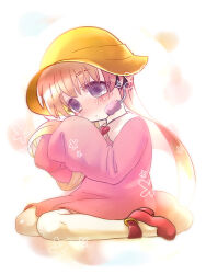  1girl brooch brown_hair child collared_dress dress hat headset heart heart_brooch jewelry kindergarten_uniform low_twintails mary_janes pink_dress pink_sleeves red_shoes school_hat shoes sleeves_past_fingers sleeves_past_wrists solo thigh-highs tsukuyomi_ai twintails violet_eyes voiceroid white_thighhighs yellow_hat yumiya 