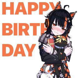  1girl ahoge animal animal_ear_headphones animal_ears arm_belt asymmetrical_sleeves bare_shoulders belt belt_collar black_choker black_hair black_sweater cat cat_ear_headphones cat_ears chihaya_(ciha_ya25) choker closed_mouth collar commentary_request cross-laced_clothes cross-laced_dress dress eyeball_hair_ornament fake_animal_ears happy_birthday headphones highres holding holding_animal holding_cat layered_dress long_sleeves looking_at_viewer mahou_shoujo_no_majo_saiban multicolored_hair off-shoulder_sweater off_shoulder orange_eyes orange_streaks sawatari_coco shirt short_hair simple_background single_bare_shoulder skirt skull slit_pupils solo streaked_hair striped_sleeves stuffed_animal stuffed_cat stuffed_toy sweater upper_body white_background white_shirt white_skirt 