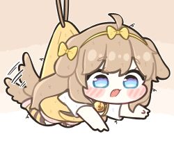  1girl ahoge animal_ears apron bell blush_stickers bow bow_hairband bright_pupils brown_background brown_hair brown_thighhighs butter_(trickcal) chibi chibi_only chopsticks commentary dog_ears dog_girl dog_tail ear_bow fang full_body hairband highres holding holding_chopsticks holding_with_chopsticks long_hair motion_lines neck_bell open_mouth piki_(itpiki) pink_shoes pink_shorts shirt shoes short_sleeves shorts simple_background solo striped_clothes striped_thighhighs tail tail_wagging thigh-highs trickcal two-tone_background untranslatable_commentary white_background white_pupils white_shirt yellow_apron yellow_bow yellow_hairband yellow_thighhighs 