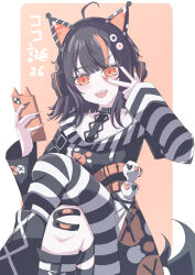  1girl ahoge animal_ear_headphones animal_ears arm_belt asymmetrical_legwear asymmetrical_sleeves bandaid bandaid_on_leg bare_shoulders bat_wings belt belt_collar black_choker black_hair black_nails black_sweater cat_ear_headphones cat_ears cellphone character_name choker collar commentary_request cross-laced_clothes cross-laced_dress crossed_legs dress eyeball_hair_ornament fake_animal_ears headphones highres holding holding_phone layered_dress leg_belt long_sleeves looking_at_viewer loose_socks mahou_shoujo_no_majo_saiban midori0 multicolored_hair nail_polish off-shoulder_sweater off_shoulder open_mouth orange_background orange_eyes orange_nails orange_streaks phone sawatari_coco shirt short_hair simple_background single_bare_shoulder single_thighhigh skirt skull smartphone socks solo streaked_hair striped_clothes striped_sleeves striped_thighhighs sweater teeth thigh-highs upper_teeth_only v v_over_eye white_shirt white_skirt wings 