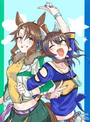  2girls :d ;d absurdres animal_ear_piercing animal_ears aqua_background aqua_eyes aqua_nails arm_up belt blue_nails blue_shirt blush bracelet breasts brown_hair clenched_hand commentary_request daitaku_helios_(fun_fun_party_night)_(umamusume) daitaku_helios_(umamusume) eyelashes facial_mark fang fingerless_gloves fingernails fur-trimmed_jacket fur_trim gloves green_jacket green_skirt hair_between_eyes hair_ornament heart highres horse_ears horse_girl horse_tail index_finger_raised jacket jewelry long_sleeves medium_hair mejiro_palmer_(line_breakthrough)_(umamusume) mejiro_palmer_(umamusume) midriff multicolored_hair multicolored_jacket multicolored_nails multiple_bracelets multiple_girls nail_polish navel necklace one_eye_closed open_clothes open_jacket open_mouth purple_belt shirt sidelocks signature simple_background skirt smile star_(symbol) star_facial_mark streaked_hair tail teeth tied_shirt triangle triangle_facial_mark twitter_username two-tone_jacket uma_motiyodor umamusume white_gloves white_hair white_jacket white_streaks yellow_eyes yellow_nails 