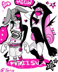  ... 2girls alien_stage angel_wings animal_ear_headwear animal_ears asymmetrical_legwear beanie black_hat black_leg_warmers black_leotard black_wings camisole character_name closed_mouth commentary demon_wings detached_wings earflap_beanie grey_socks hair_over_eyes hat heart highres leg_warmers leotard low_wings mismatched_leg_warmers mismatched_legwear mismatched_socks mizi_(alien_stage) mizi_(zombie_stage) multiple_girls official_alternate_costume open_mouth pairing_name pink_hair pink_socks polka_dot polka_dot_socks rabbit_ear_headwear rabbit_ears shorts signature single_wing socks spiral_print spoken_ellipsis star_(symbol) star_belt_buckle strap_slip strapless strapless_leotard striped_leg_warmers sua_(alien_stage) sua_(zombie_stage) trubeltt untranslatable_commentary white_camisole white_shorts white_wings wings zipper zipper_leotard zombie_stage 