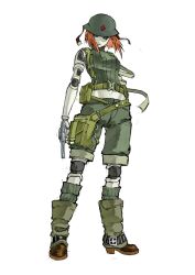  1girl absurdres black_sclera boots colored_sclera cross doghunt14716979 doll_joints floating_hair green_socks green_sweater_vest gun helmet highres joints load-bearing_equipment looking_at_viewer midriff orange_hair original pouch red_cross revolver scarab_(crimescenepartz) short_hair shorts socks solo_focus standing suspenders sweater_vest thigh_pouch weapon white_background 