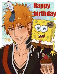  2boys aqua_background birthday black_shoes bleach border brown_eyes brown_shorts buck_teeth burger cupcake dated food fruit hair_between_eyes happy_birthday hat highres holding holding_food kurosaki_ichigo luvlyroseve male_focus multiple_boys necktie orange_hair parted_lips red_necktie shihakusho shirt shoes short_hair shorts sitting_on_shoulder smile socks spiky_hair sponge spongebob_squarepants spongebob_squarepants_(series) strawberry teeth twitter_username white_border white_hat white_shirt white_socks 