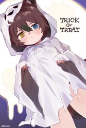  00tuma00 1boy animal_ears brown_hair child commentary_request commission dutch_angle ghost_costume halloween heterochromia light_frown looking_at_viewer male_focus open_mouth original pixiv_commission raccoon_boy raccoon_ears raccoon_tail short_hair solo tail trick_or_treat very_short_hair 