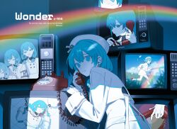  1girl aqua_eyes aqua_hair beret colored_skin commentary_request corded_phone gloves hat hatsune_miku highres jacket looking_at_viewer midriff multiple_views ofuronu parted_lips phone static vocaloid white_gloves white_hat white_jacket white_skin wonder_(vocaloid) 