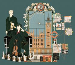  2boys 8er8er1s absurdres architecture bishop_(chess) black_coat black_hair black_pants black_shoes black_socks blonde_hair blue_background blue_eyes blue_shirt card chess_piece chessboard clock clock_tower closed_mouth coat collared_shirt commentary commission corncob_pipe crossed_legs ferris_wheel flask full_body hair_slicked_back highres holding holding_flask instrument john_watson king_(chess) knight_(chess) london male_focus multiple_boys pants parted_lips pawn_(chess) pill pill_bottle playing_card queen_(chess) red_shirt rook_(chess) sherlock_(bbc) sherlock_holmes shirt shoes short_hair sitting skull socks standing tower violin 