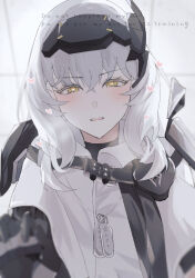  1girl absurdres cloak commentary_request goddess_of_victory:_nikke grey_ribbon hair_between_eyes heart heart-shaped_pupils highres long_hair looking_ahead looking_at_viewer reaching reaching_towards_viewer shiro_hinageshi smile snow_white_(nikke) solo symbol-shaped_pupils tagme upper_body watermark white_background white_cloak white_hair yellow_eyes 