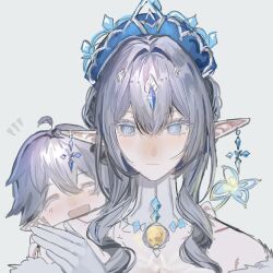  1boy 1girl ^_^ ahoge anastasya_feodorovna_snezhnaya bare_shoulders blue_eyes blue_flower blue_gem blush bright_pupils cape child circlet closed_eyes closed_mouth colored_eyelashes cross-shaped_pupils drill_hair drill_sidelocks earrings flower fur-trimmed_cape fur_trim gem genshin_impact gloves grey_hair hair_between_eyes hair_bun hand_up happy highres holding holding_flower jewelry kokoshnik looking_at_another mother_and_child mother_and_son notice_lines open_mouth oraora1_1 pale_skin parent_and_child pendant pointy_ears short_hair short_hair_with_long_locks sidelocks simple_background smile sparkle symbol-shaped_pupils upper_body white_background white_gloves white_pupils yellow_gem 