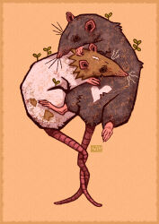  absurdres animal_focus artist_name black_eyes black_fur brown_background brown_fur commission cuddling english_commentary entwined fruitblush heart highres mouse_(animal) no_humans original two-tone_fur whiskers white_fur 