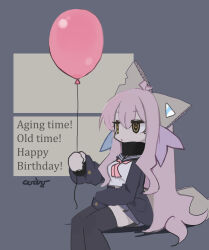  1girl @_@ animal_ears balloon black_thighhighs blue_cardigan blue_skirt bow bowtie cardboard cardie_(ceroro) cardigan ceroro english_commentary english_text fake_animal_ears fake_tail feet_out_of_frame grey_background highres holding holding_balloon long_hair long_sleeves looking_ahead original pink_balloon pink_bow pink_bowtie pink_hair pleated_skirt school_uniform serafuku signature skirt solo tail thigh-highs 