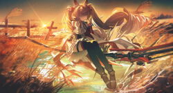  1girl angelina_(arknights) angelina_the_mellow_wish_(arknights) animal_ears arknights arknights:_endfield black_gloves black_thighhighs brown_hair chinese_commentary commentary_request dress fox_ears fox_girl gloves hair_between_eyes hairband highres infection_monitor_(arknights) long_hair long_sleeves multicolored_hairband one_eye_closed open_mouth outdoors red_eyes sky solo staff_riding sun thigh-highs two-tone_hairband white_dress wiersa 