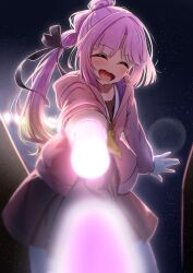  1girl :d ^_^ absurdres amaki-chan_(volfuji) anyoji_hime black_ribbon blonde_hair blush brown_dress closed_eyes commentary_request dress facing_viewer glowstick gradient_hair hair_ribbon hasu_no_sora_school_uniform highres holding holding_glowstick hood hood_down hooded_jacket jacket long_sleeves looking_at_viewer love_live! love_live!_hasu_no_sora_jogakuin_school_idol_club medium_dress multi-tied_hair multicolored_hair neckerchief open_clothes open_jacket open_mouth penlight_(glowstick) pink_hair pink_jacket ponytail ribbon sailor_collar sailor_dress school_uniform sky smile solo star_(sky) starry_sky teeth upper_teeth_only virtual_youtuber white_sailor_collar winter_uniform yellow_neckerchief 