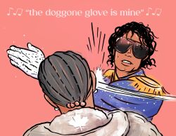  2boys absurdres back black_hair blue_jacket commentary drake_(rapper) english_commentary epaulettes gloves highres jacket lyrics male_focus michael_jackson multiple_boys musical_note nikkolas_smith pink_background real_life single_glove slapping 