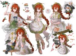  1girl ? absurdres ahoge alarm_clock apron boots bowl braid brown_boots cake character_request clock closed_mouth commission confetti copyright_request daisy_(flower) double-parted_bangs dress english_text floral_print flower food frilled_apron frilled_socks frills green_dress green_eyes green_headscarf green_ribbon green_socks hair_between_eyes hair_flower hair_ornament hair_ribbon hands_up headscarf highres holding holding_bowl holding_whisk mihuashi_commission multiple_views object_in_pocket party_popper picking_fruit pocket puffy_short_sleeves puffy_sleeves red_hair ribbon ribbon-trimmed_dress ribbon_trim sample_watermark short_sleeves single_sock sleeveless sleeveless_dress socks speech_bubble spoken_question_mark stuffed_animal stuffed_toy sweat thoough thumbs_up_emoji twin_braids watermark whisk white_apron white_background white_flower wrist_cuffs 