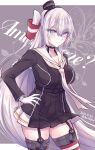  1girl amatsukaze_(kancolle) amatsukaze_(kancolle)_(cosplay) amatsukaze_kai_ni_(kancolle) amatsukaze_kai_ni_(kancolle)_(cosplay) black_choker black_dress breasts choker commentary_request cosplay cowboy_shot dated dress fuyutsuki_(kancolle) garter_straps gloves grey_background grey_eyes grey_hair grey_neckerchief hand_on_own_hip highres kabocha_torute kantai_collection long_hair medium_breasts neckerchief one_side_up sailor_collar sailor_dress single_glove solo striped striped_thighhighs text_background thigh-highs twitter_username white_gloves white_sailor_collar 