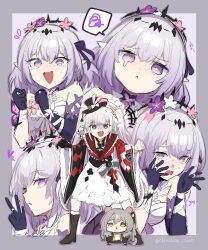  3girls absurdres animal_ears asymmetrical_gloves bare_shoulders black_boots black_gloves black_hat boots bright_pupils castorice_(honkai:_star_rail) chibi commentary crying crying_with_eyes_open elbow_gloves gloves grey_hair hat highres honkai:_star_rail honkai_(series) long_hair long_sleeves looking_at_viewer mini_hat mini_top_hat multiple_girls multiple_views ooyun open_mouth pointing pointy_ears purple_hair raccoon_ears single_glove skirt smile sparkle_(honkai:_star_rail) sparxie_(honkai:_star_rail) spoken_squiggle squiggle stelle_(honkai:_star_rail) tears top_hat trailblazer_(honkai:_star_rail) twintails twitter_username uneven_gloves untranslatable_commentary v-shaped_eyebrows very_long_hair violet_eyes white_hair white_pupils white_skirt wide_sleeves yellow_eyes 