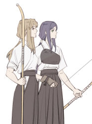  2girls archery black_hakama blue_hair bow_(weapon) brown_hair commentary fujino_shizuru gloves green_eyes guri_gom hakama highres holding holding_polearm holding_weapon japanese_clothes kimono kuga_natsuki kyuudou long_hair multiple_girls muneate my-hime partially_fingerless_gloves polearm red_eyes simple_background weapon white_background white_kimono yugake yumi_(bow) 