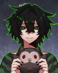  1boy artist_name bags_under_eyes black_hair black_nails closed_mouth crew_neck crossed_bangs daechov degrees_of_lewdity dot_nose glowing glowing_eyes green_outline green_shirt halftone halftone_background hands_up highres holding holding_stuffed_toy kylar_(degrees_of_lewdity) kylar_(male)_(degrees_of_lewdity) looking_at_viewer male_focus outline portrait raised_inner_eyebrows red_pupils shirt short_hair simple_background smile solo straight-on striped_clothes striped_shirt stuffed_owl stuffed_toy 