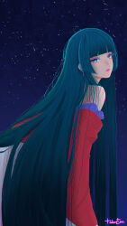  1girl alternate_hairstyle blue_eyes blunt_bangs chinese_clothes earrings english_commentary eyeshadow green_hair hair_down hanfu highres jewelry kusuriya_no_hitorigoto lipstick long_hair makeup maomao_(kusuriya_no_hitorigoto) night pink_eyeshadow red_hanfu signature sky solo srtaka star_(sky) starry_sky very_long_hair 