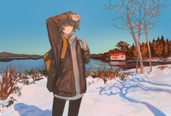  1girl arm_up backpack bag bare_tree black_pantyhose blue_sky brown_bag brown_eyes brown_hair brown_jacket bush clear_sky cowboy_shot frown highres jacket kasumi_yuzuha lake layered_sleeves long_sleeves morning mountainous_horizon open_clothes open_jacket original outdoors pantyhose scenery shading_eyes shadow short_hair sky snow solo split_mouth standing sweater tree white_sweater winter 