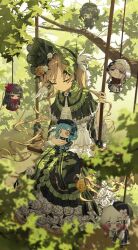  1girl absurdres black_flower black_rose blonde_hair bonnet character_doll closed_eyes doll dress flower flower-trimmed_dress green_bonnet green_dress highres hikami_meruru holding holding_doll kurobe_nanoka lolita_fashion long_hair mahou_shoujo_no_majo_saiban nikaido_hiro on_swing outdoors rose sakuraba_ema solo swing tachibana_sherry tono_hanna twintails very_long_hair white_flower white_rose yellow_flower yellow_rose yuwenyueyao 