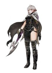  1girl ahoge arms_at_sides asymmetrical_pants asymmetrical_sleeves axe battle_axe belt belt_boots belt_buckle black_belt black_bodysuit black_boots black_gloves black_pants bodysuit boots breasts bright_pupils buckle cape closed_mouth collared_bodysuit commentary_request ear_tattoo eyelashes fantasy full_body gloves highres holding holding_axe jun_(navigavi) lips long_sleeves looking_to_the_side marking_on_cheek medium_breasts nose original pants pointy_ears short_hair simple_background single_sleeve solo standing thigh_boots weapon white_background white_cape white_hair white_pupils yellow_eyes 