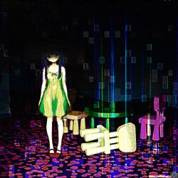  1girl abstract_background chair chromatic_aberration dark dark_background digital_noise dress full_body furude_rika glitch green_dress highres higurashi_no_naku_koro_ni horror_(theme) horror_theme kristianmaksak5 long_hair looking_at_viewer numbers original purple_hair red_shoes scanlines shadow shoes sleeveless sleeveless_dress solo standing sundress surreal table watermark weirdcore 