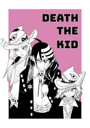  1boy 2girls arm_around_shoulder character_name collared_shirt cowboy_hat death_the_kid elizabeth_thompson english_text greyscale_with_colored_background hat highres jacket jewelry looking_at_viewer multiple_girls necktie open_clothes open_jacket outside_border patricia_thompson pink_background ring sheriff_badge shirt skull skull_belt soul_eater striped_hair whjtedragonfly 