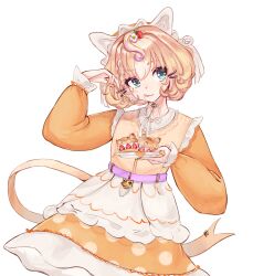  1girl :3 :q absurdres aqua_eyes blonde_hair blush bonnet commentary dress eating food food_on_face highres looking_at_viewer medium_hair millie_parfait nijisanji nijisanji_en orange_dress simple_background solo tongue tongue_out untranslatable_commentary virtual_youtuber white_background white_bonnet zenniith 