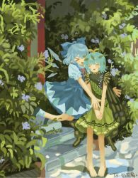  >_< 2girls ^_^ antennae aqua_hair barefoot blue_bow blue_dress blue_hair bow butterfly_wings chinese_commentary cirno closed_eyes collared_shirt commentary_request detached_wings dress eternity_larva fairy gaiyonghunichengyinshexianweiguiwufaxianshi green_dress hair_bow highres ice ice_wings insect_wings leaf leaf_on_head multicolored_dress multiple_girls neck_ribbon open_mouth outdoors pinafore_dress plant red_ribbon ribbon shirt short_hair sleeveless sleeveless_dress smile stairs toes touhou white_shirt wings yellow_wings 