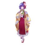  1girl absurdres bow floral_print flower green_kimono hair_bow hair_flower hair_ornament hakama hakama_skirt hand_up hieda_no_akyuu highres japanese_clothes kimono looking_at_viewer multicolored_clothes multicolored_kimono purple_hair red_footwear skirt smile solo touhou transparent_background u_u_zan violet_eyes yellow_kimono 