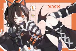  ! 1girl :d ;d ahoge animal_ear_headphones animal_ears arm_belt asymmetrical_legwear asymmetrical_sleeves bare_shoulders bat_wings belt belt_collar black_choker black_hair black_nails black_shoes black_sweater candy cat_ear_headphones cat_ears choker collar commentary cross-laced_clothes cross-laced_dress dress eyeball_hair_ornament fake_animal_ears food full_body grid_background headphones highres holding holding_candy holding_food holding_lollipop layered_dress leg_belt lollipop long_sleeves looking_at_viewer loose_socks mahou_shoujo_no_majo_saiban minzai3_zzz multicolored_hair nail_polish off-shoulder_sweater off_shoulder one_eye_closed open_mouth orange_background orange_eyes orange_nails orange_streaks sawatari_coco sharp_teeth shirt shoes short_hair single_bare_shoulder single_thighhigh skirt skull smile socks solo spoken_exclamation_mark spoken_sparkle streaked_hair striped_clothes striped_sleeves striped_thighhighs stuffed_animal stuffed_cat stuffed_toy sweater teeth thigh-highs untranslatable_commentary white_shirt white_skirt wings 