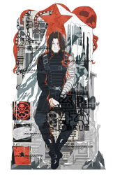  1boy 8er8er1s black_boots black_pants boots border brown_hair bucky_barnes chain character_name chest_harness closed_mouth commentary commission dog_tags english_commentary full_body harness highres invisible_chair knee_pads looking_at_viewer male_focus marvel mechanical_arms own_hands_together pants parted_bangs prosthesis prosthetic_arm short_hair single_mechanical_arm sitting skull solo white_border winter_soldier 