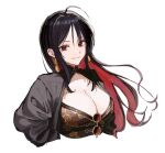  black_hair black_jacket breasts earrings glasses goddess_of_victory:_nikke jacket jewelry kumo_tabetai large_breasts long_hair looking_at_viewer moran_(nikke) ornate_clothes red_eyes simple_background smile white_background 